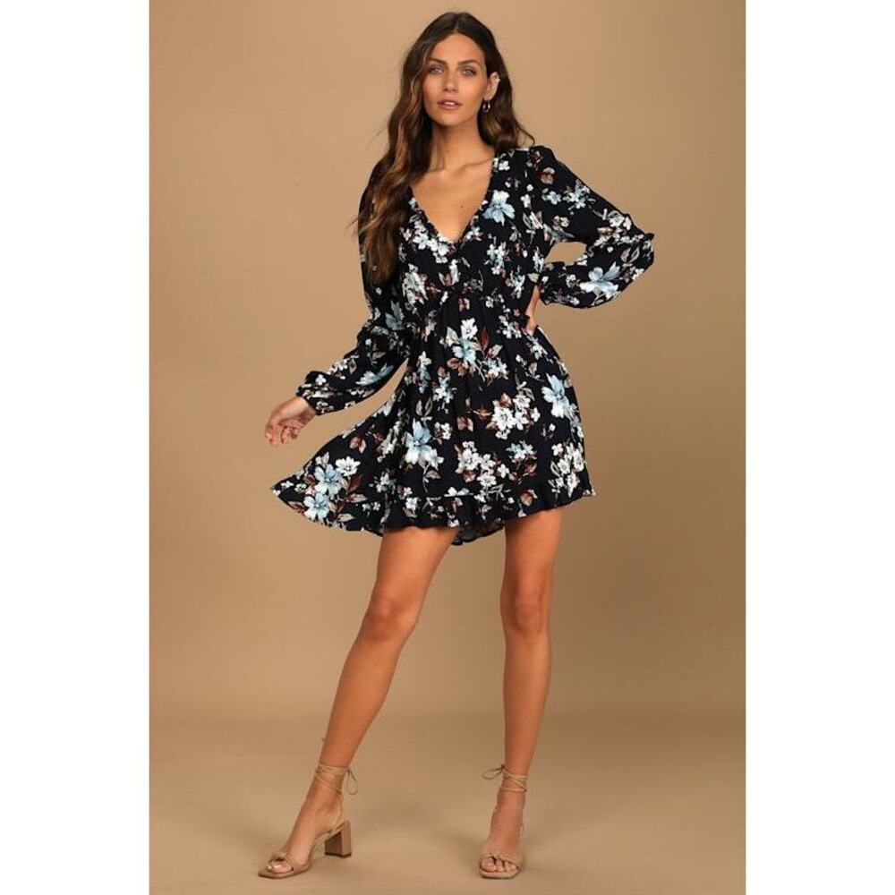 Lulus Lovely Blooms Navy Blue Floral Print Long Sleeve Babydoll Dress - Size M